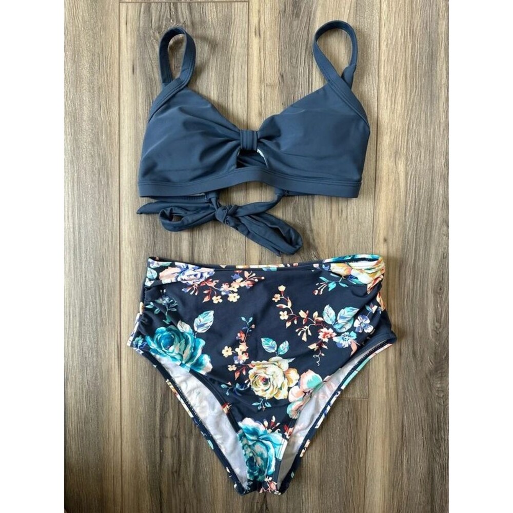 Cupshe size Small 2 piece Bikini Blue Floral, High Waist